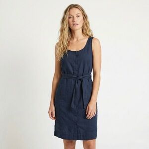 Eileen Fisher Navy Linen Stretch Dress XS Belted Button Down Coastal Minimalist